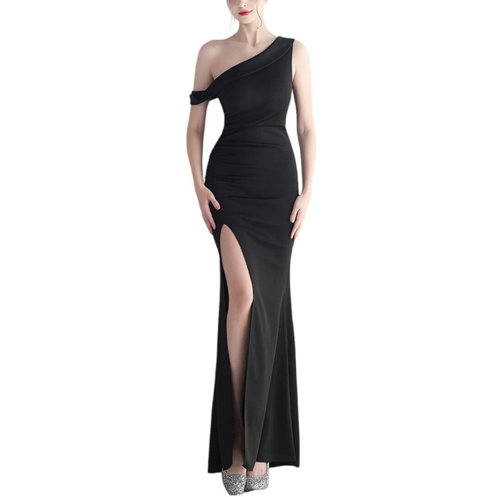 KALINNU Stunning Black One-Shoulder Asymmetrical Mermaid Gown, small